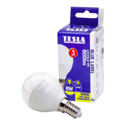 LED žárovka Tesla miniglobe BULB E14, 8W, 230V, 900lm, 25 000h, 3000K teplá bílá, 180st